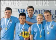  ??  ?? BRIGHT SPARKS: DF Malherbe pupils and ‘Nerds of Steel’ team members, from left, Connor McLeod and Daniel Manlee, with siblings KT and Brad Spies. Behind them is their science teacher and coach, Magnus Viljoen