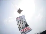  ?? REUTERS ?? A balloon containing leaflets denouncing North Korean leader Kim Jong-un is seen near the demilitari­sed zone separating the two Koreas in Paju, South Korea, on Saturday.