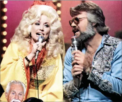  ??  ?? HARMONY:: Kenny Rogers and Dolly Parton, above in the 1970s, later had a hit with Islands In The Stream. Left: Rogers with his fifth wife, Wanda