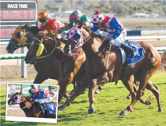  ?? Pictures: MATT TAYLOR ?? PHOTO FINISH: Jeffrey Caught trained Pure Hawk (right), ridden by S. Sheargold wins the Benchmark 65 Handicap (1400m) at Cluden Park Racecourse in a tight finish. INSET: Pure Hawk and Pure Rebel’s photo finish.