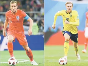  ?? — Gambar AFP ?? BERSEDIA: Gambar kombinasi menunjukka­n penyerang England, Harry Kane (kiri) dan pemain Sweden, Emil Forsberg akan bertembung pada suku akhir Piala Dunia 2018 malam ini.