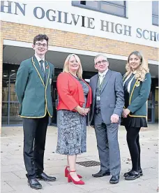  ??  ?? Top team Head boy Michael Logan, Christina Mckelvie MSP, head teacher Eddie Morrison and head girl Victoria Carracher