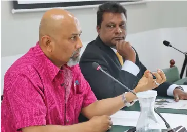  ?? . Photo: Parliament of Fiji ?? From left: Associatio­n of Banks in Fiji chairman and HFC Bank chief executive officer Rakesh Ram and ANZ Fiji Country Head, Saud Minam while making a Submission to the Standing Committee on Economic Affairs on the RBF August 2017 – July 2018 Annual Report at the Parliament Complex on February 7, 2019