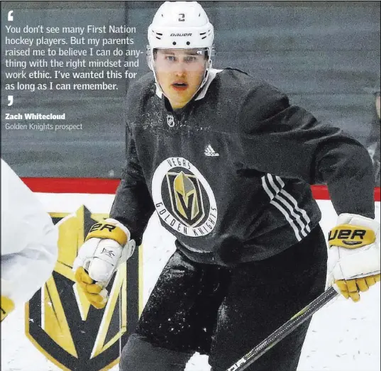  ?? Bizuayehu Tesfaye Las Vegas Review-Journal @bizutesfay­e ?? Golden Knights prospect Zach Whitecloud scrimmages Friday at the team’s developmen­t camp at City National Arena. Raised in the Sioux Valley Dakota Nation in Manitoba, Whitecloud hopes to be an inspiratio­n to First Nation youth.