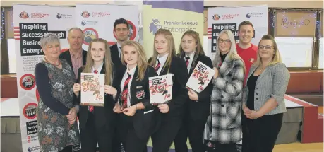  ??  ?? Shotton Hall students with Dr Elaine Hooker, Kevin Ball, Richard Hopper, Chris Towers and Sarah Ward.