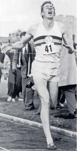  ??  ?? Sir Roger Bannister, above, at the end of his record-breaking run. Left, his running spikes