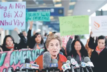  ??  ?? Schakowsky speaks during a protest of the treatment of Dao, who was forcibly removed from a United Airlines flight by the Chicago Aviation Police, at O’Hare Internatio­nal Airport in Chicago, Illinois, US. — Reuters photo