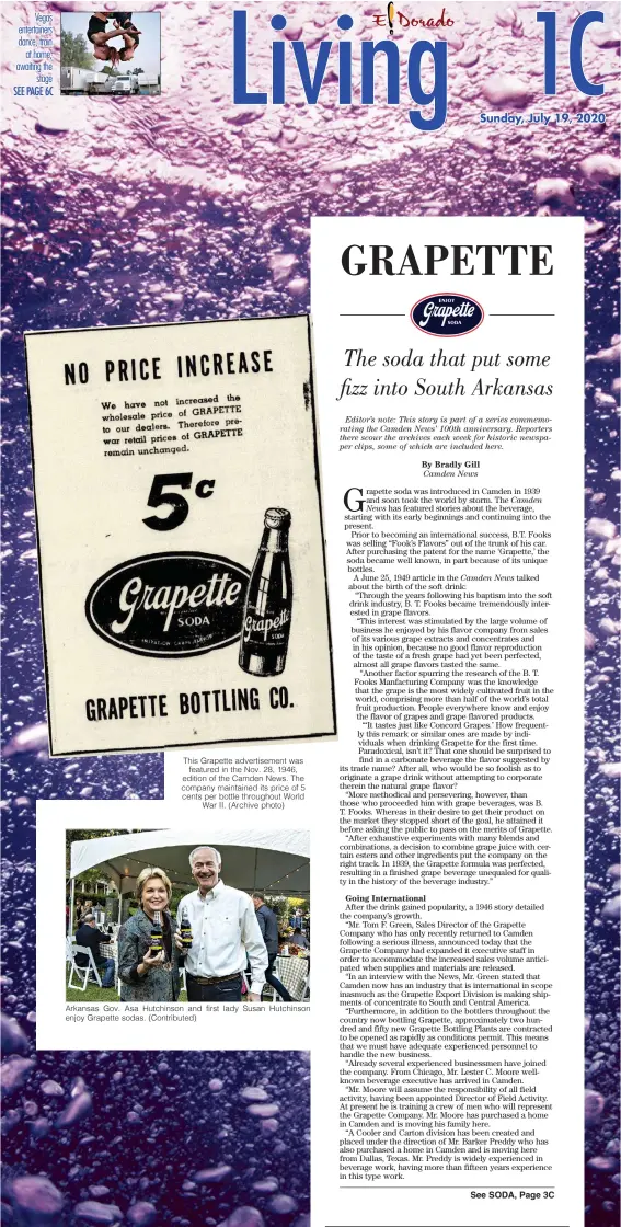  ??  ?? This Grapette advertisem­ent was featured in the Nov. 28, 1946, edition of the Camden News. The company maintained its price of 5 cents per bottle throughout World War II. (Archive photo)
Arkansas Gov. Asa Hutchinson and first lady Susan Hutchinson enjoy Grapette sodas. (Contribute­d)