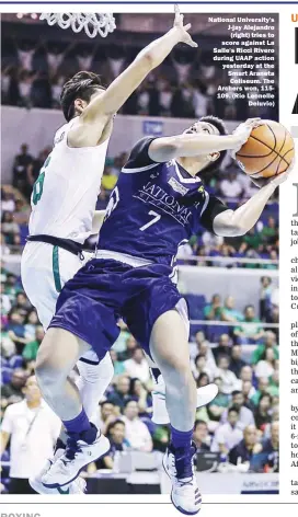  ??  ?? National University's J-jay Alejandro (right) tries to score against La Salle's Ricci Rivero during UAAP action yesterday at the Smart Araneta Coliseum. The Archers won, 115109. (Rio Leonelle Deluvio)