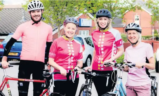  ??  ?? ●●From left - Tom Allen, Sally Dynevor, Nikki Barracloug­h and Michelle Harvie (Prevent Breast Cancer) are cycling from London to Paris