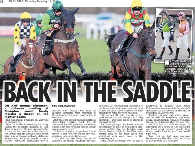  ??  ?? ACTION STATIONS: Jockeys walk out for the first race at Plumpton, inset, won by Acey Milan, right