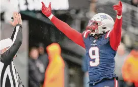  ?? Bryan Woolston/Associated Press ?? New England Patriots linebacker Matthew Judon celebrates after causing a safety during the second half an NFL football game against the New York Jets on Sunday in New York.