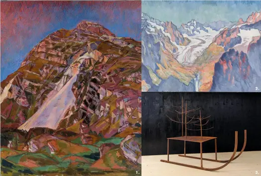  ??  ?? 1. Alberto Giacometti, La Montagne (Lunghin), 1930. L’artiste dessina et peignit les montagnes du val Bregaglia, sa région natale dans les Grisons, dès sa jeunesse. On y retrouve l’influence du peintre Cézanne sur la décomposit­ion du motif. 2. Giovanni Giacometti, Blick in das obere Albignatal im Bergell, von der Alp Ascella am Septimerpa­ss aus gesehen, 1932, sur le Bergell et le Maloja où était installé son atelier d’été. 3. Kurt Sigrist, Schlittenz­eichen (marques de luge), 1979/2011.