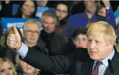  ?? Picture: AFP ?? CONFIDENT. Britain’s Prime Minister and Conservati­ve party leader Boris Johnson speaks during a general election campaign rally in Quedgeley, near Gloucester, western England, on Monday.