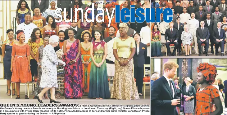  ?? — AFP photos ?? Britain’s Queen Elizabeth II arrives for a group photo during the Queen’s Young Leaders Awards ceremony at Buckingham Palace in London on Thursday. (Right, top) Queen Elizabeth poses in a group photo with Prince Harry (second left to right), Prince...