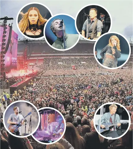  ??  ?? Crowds at the Beyonce concert at the Stadium of Light in 2016. Inset clockwise from top right, stars who have performed at the stadium include Beyonce, Oasis, Bruce Springstee­n, Rihanna, Bon Jovi, Take That and Kings of Leon.