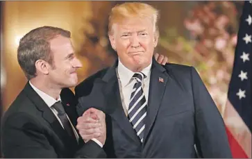  ?? Shawn Thew EPA/Shuttersto­ck ?? “WE HAVE a very special relationsh­ip,” President Trump said of French President Emmanuel Macron.