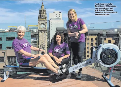  ??  ?? Fundraisin­g events for Bowel Cancer UK included a ‘row-a-marathon’ event with (from left) Pamela Ballantine, Dorcas Crawford and Niamh McDaid