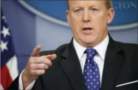  ?? AP PHOTO/EVAN VUCCI, FILE ?? FILE - In this May 9, 2017, file photo, White House press secretary Sean Spicer speaks during the daily press briefing at the White House in Washington. White House Press Secretary Sean Spicer has resigned over hiring of new communicat­ions aide.