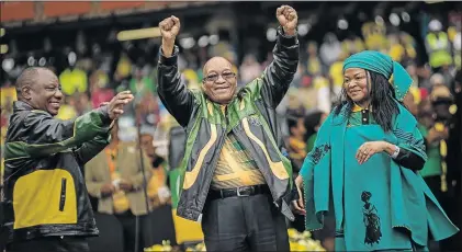  ?? PHOTO: DAYLIN PAUL ?? President Jacob Zuma is flanked by Deputy President Cyril Ramaphosa and ANC chairwoman Baleka Mbete during the organisati­on’s 105th anniversar­y celebratio­n in Soweto.