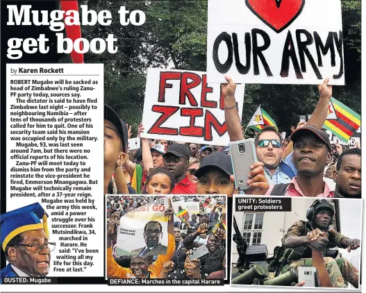  ??  ?? OUSTED: Mugabe DEFIANCE: Marches in the capital Harare UNITY: Soldiers greet protesters