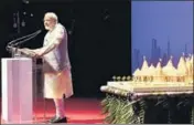  ?? PTI PHOTO ?? Prime Minister Narendra Modi addresses the Indian diaspora at Dubai Opera, where he launched a project to construct the first Hindu temple in Abu Dhabi on Saturday.