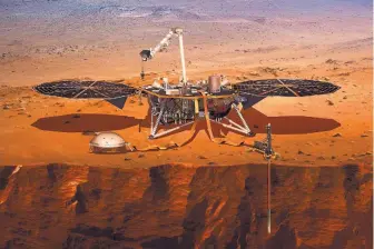  ?? SOURCE: NASA ?? This illustrati­on shows the InSight lander drilling into the surface of Mars. InSight is due to arrive at the planet on Monday.