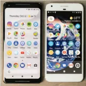  ??  ?? The Pixel 2 XL (left) is just about the same size as the original Pixel XL, but offers more vertical screen real estate.