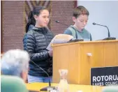  ?? Photo / File ?? Lake Rerewhakaa­itu School students Antoinette Arnott, 13, (left) and Griffin Hine, 12, speak at a council committee meeting in June 2019.