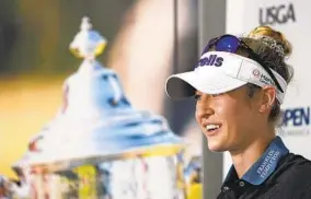  ?? CHRIS CARLSON AP ?? Nelly Korda speaks during a news conference after a practice round for this week’s U.S. Women’s Open. This week she’s playing her first event since Feb. 15 in Florida.