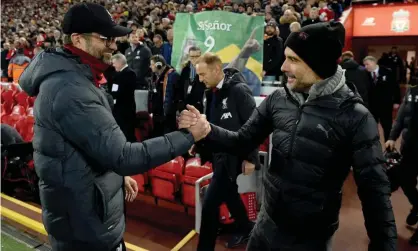  ??  ?? Jürgen Klopp (left) and Pep Guardiola before Liverpool’s 3-1 win over Manchester City at Anfield in November. Photograph: Andrew Powell/Liverpool FC via Getty Images