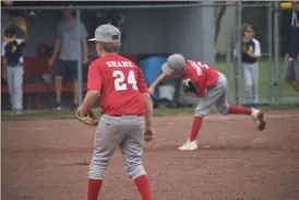  ?? ?? #3 TJ Tomkinson (right) throws a pitch while #24 Kellen Shane (left) plays first base for the Monroe 10u All Stars against Archibold in the 2023 Don Bachman Memorial Tournament in Van Wert, Ohio on Saturday, July 15, 2023.