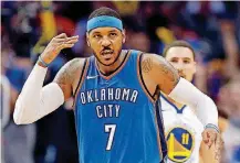  ?? [PHOTO BY NATE BILLINGS, THE OKLAHOMAN] ?? Carmelo Anthony celebrates a 3-pointer against Golden State last season.