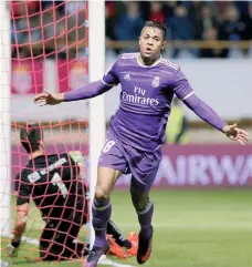  ?? EFE ?? El dominicano Mariano Díaz de Real Madrid celebra tras anotar el séptimo gol de su equipo ante el Cultural y Deportiva Leonesa, ayer en la Copa del Rey.