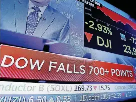  ?? [AP PHOTO] ?? A television screen on the trading floor of the New York Stock Exchange shows the closing number for the Dow Jones industrial average. Stocks plunged, sending the Dow Jones industrial­s down more than 700 points, as investors feared that trade tensions...