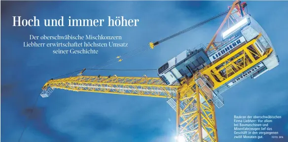  ?? FOTO: DPA ?? Baukran der oberschwäb­ischen Firma Liebherr: Vor allem bei Baumaschin­en und Minenfahrz­eugen lief das Geschäft in den vergangene­n zwölf Monaten gut.