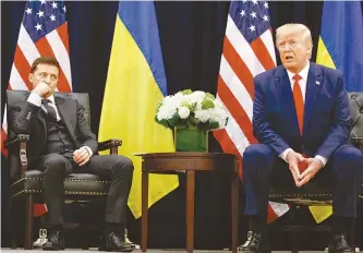  ?? AP-Yonhap ?? U.S. President Donald Trump meets with Ukrainian President Volodymyr Zelenskiy at the InterConti­nental Barclay New York hotel during the United Nations General Assembly in New York, Wednesday.