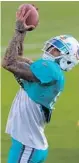  ?? CARLINE JEAN/SUN SENTINEL ?? Dolphins wide receiver Kenny Stills catches a pass during practice earlier this season.