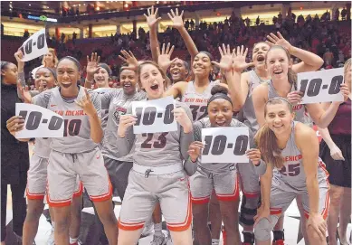  ?? JIM THOMPSON/JOURNAL ?? The New Mexico women’s basketball team celebrates its 10-0 start to the season following a 90-56 win over Texas Tech in the Pit on Wednesday. It is the best start in program history.