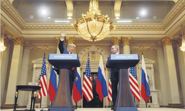  ??  ?? U.S. President Donald Trump waves after a joint news conference with Russia’s President Vladimir Putin, in Helsinki, Finland, July 16, 2018.