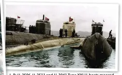  ??  ?? L-R: U-2506, U-2511 and U-3041 Type XXI U-boats moored at Bergen Norway in May 1945. A convention­al Type VII U-boat can be seen behind U-2506 (colour by Edward Tambunan)