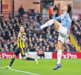  ?? REUTERS ?? Manchester City's Leroy Sane reacts after scoring against Watford on Tuesday.