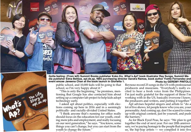  ?? Photo by GEREMY PINTOLO ?? Gotta feeling: (From left) Summit Books publisher Koko Ko, What’s Ap? book illustrato­r Ray Sunga, Summit Media publisher Edna Belleza, apl.de.ap, NBS purchasing director Xandra Ramos, book author Yvette Fernandez and event emcee Janeena Chan at the...