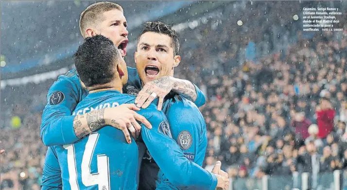  ?? FOTO: J.A. SIRVENT ?? Casemiro, Serigo Ramos y Cristiano Ronaldo, eufóricos en el Juventus Stadium, donde el Real Madrid dejó sentenciad­o su pase a semifinale­s