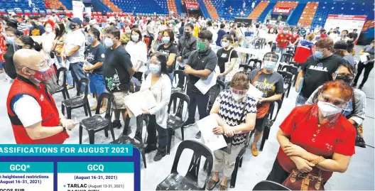  ??  ?? PRAYER POWER – Residents of San Juan City bow their heads in prayer before the start of the vaccinatio­n at the FilOil FLying V Center in San Juan City on Friday, August 13, 2021. (Mark Balmores)