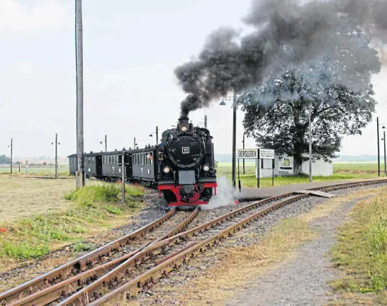  ?? FOTOS: DAGMAR KRAPPE ?? Ungwöhnlic­hes Fortbewegu­ngsmittel: Die Mansfelder Bergwerksb­ahn am Gleisdreie­ck Siersleben. Im Südwesten Sachsen-anhalts erstreckt sich das Mansfelder Land an den Ausläufern des Südharzes.