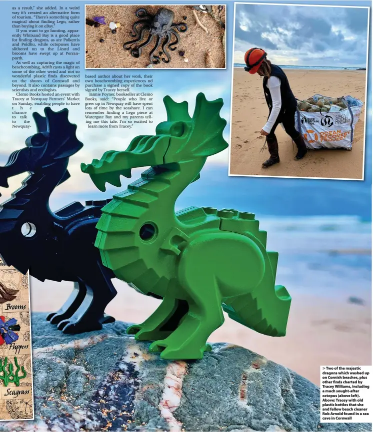  ?? ?? Two of the majestic dragons which washed up on Cornish beaches, plus other finds charted by Tracey Williams, including a much sought-after octopus (above left). Above: Tracey with old plastic bottles that she and fellow beach cleaner Rob Arnold found in a sea cave in Cornwall