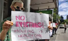  ??  ?? A protest in Melbourne against the eviction of homeless people who have been housed in hotels during the coronaviru­s pandemic. Photograph: Renters and Housing Union