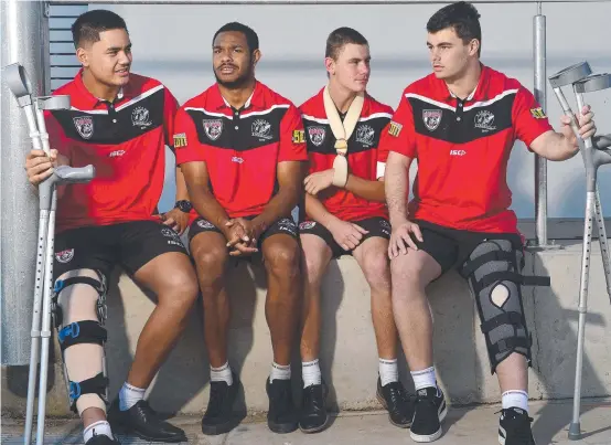  ?? Picture: MATT TAYLOR ?? RECOVERY WARD: Kirwan State High School’s Bears rugby league team's injured players Ieremia Pua’avase, Hamiso Tabuai-fidow, Ethan Edwards and Daniel Buckland. They will miss the state final of the NRL Schoolboys Cup.