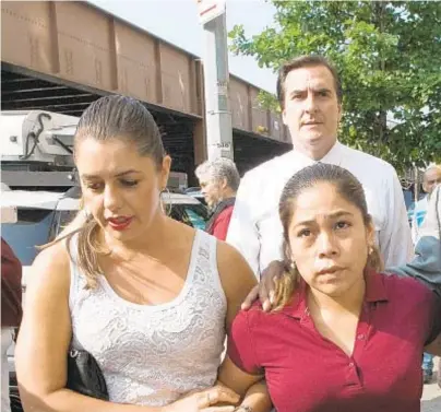  ??  ?? Guatemalan mom Yeni Gonzalez, separated from her children at the border because of President Trump's policy, is flanked by volunteer Janey Pearl and Rep. Adriano Espaillat on Tuesday after a private meeting with the kids, whom she hadn't seen since May 19, Below, Gonzalez and Pearl outside East Harlem shelter where the three kids are being held.